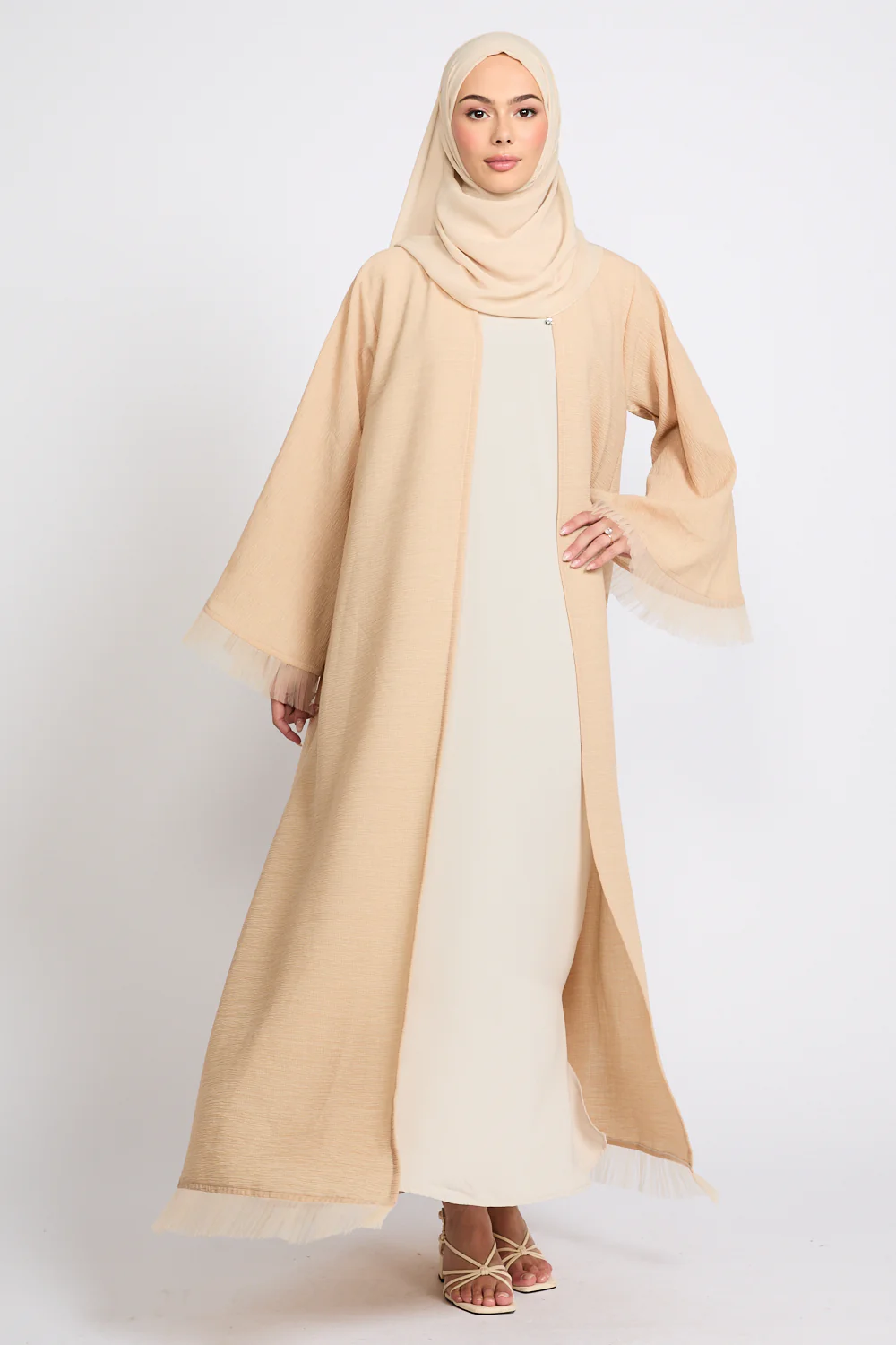 Luxury Textured Open Abaya with Tulle Lace Detailing - Warm Nude - Image 9