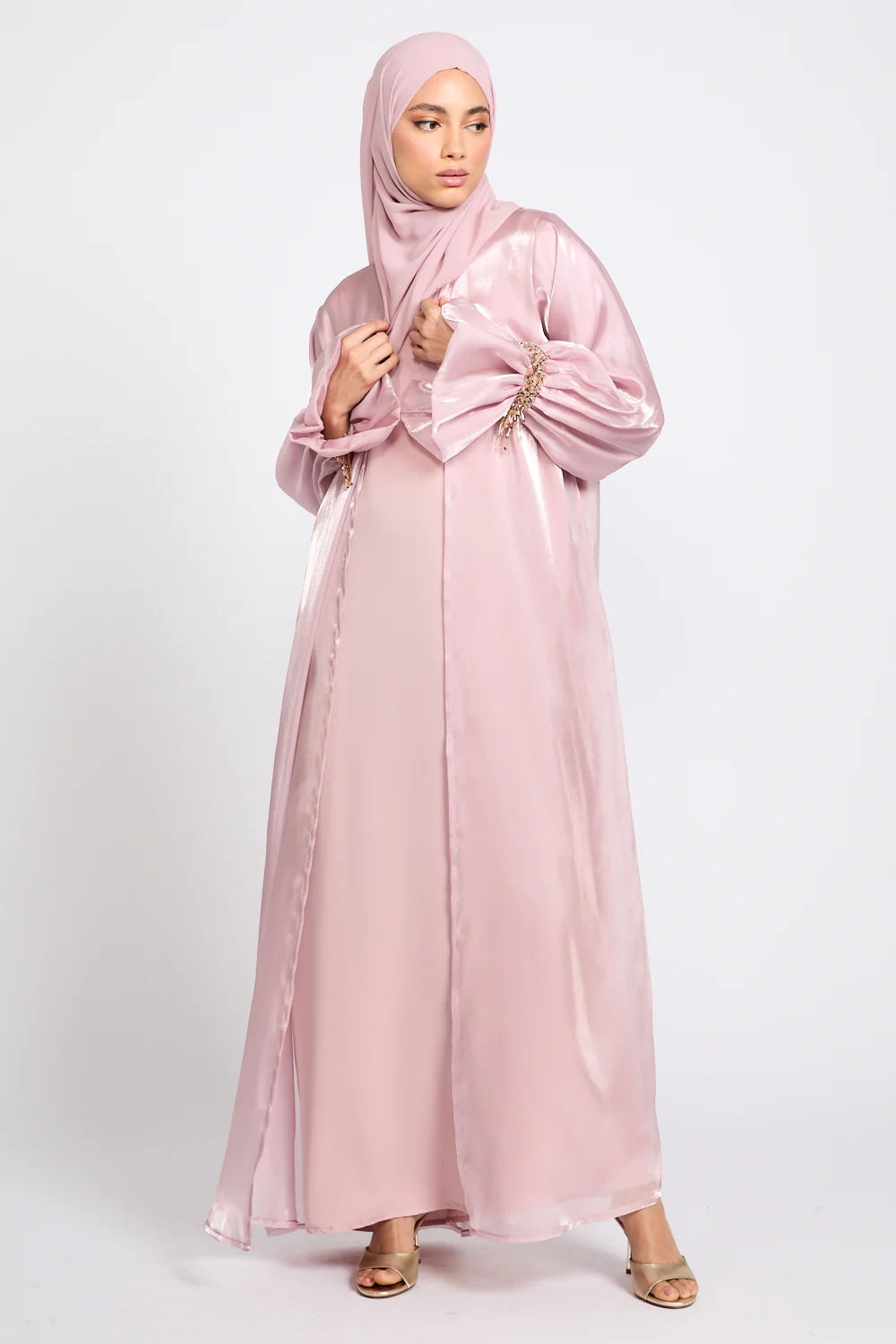 Luxury Three Piece Embellished Cuff Organza Abaya Set - Rose Blush