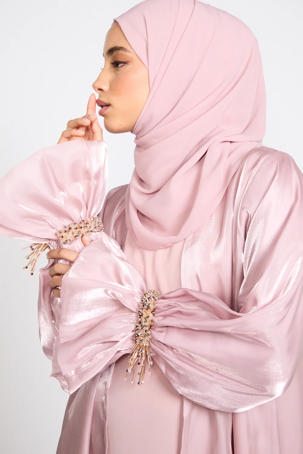 Luxury Three Piece Embellished Cuff Organza Abaya Set - Rose Blush - Image 2