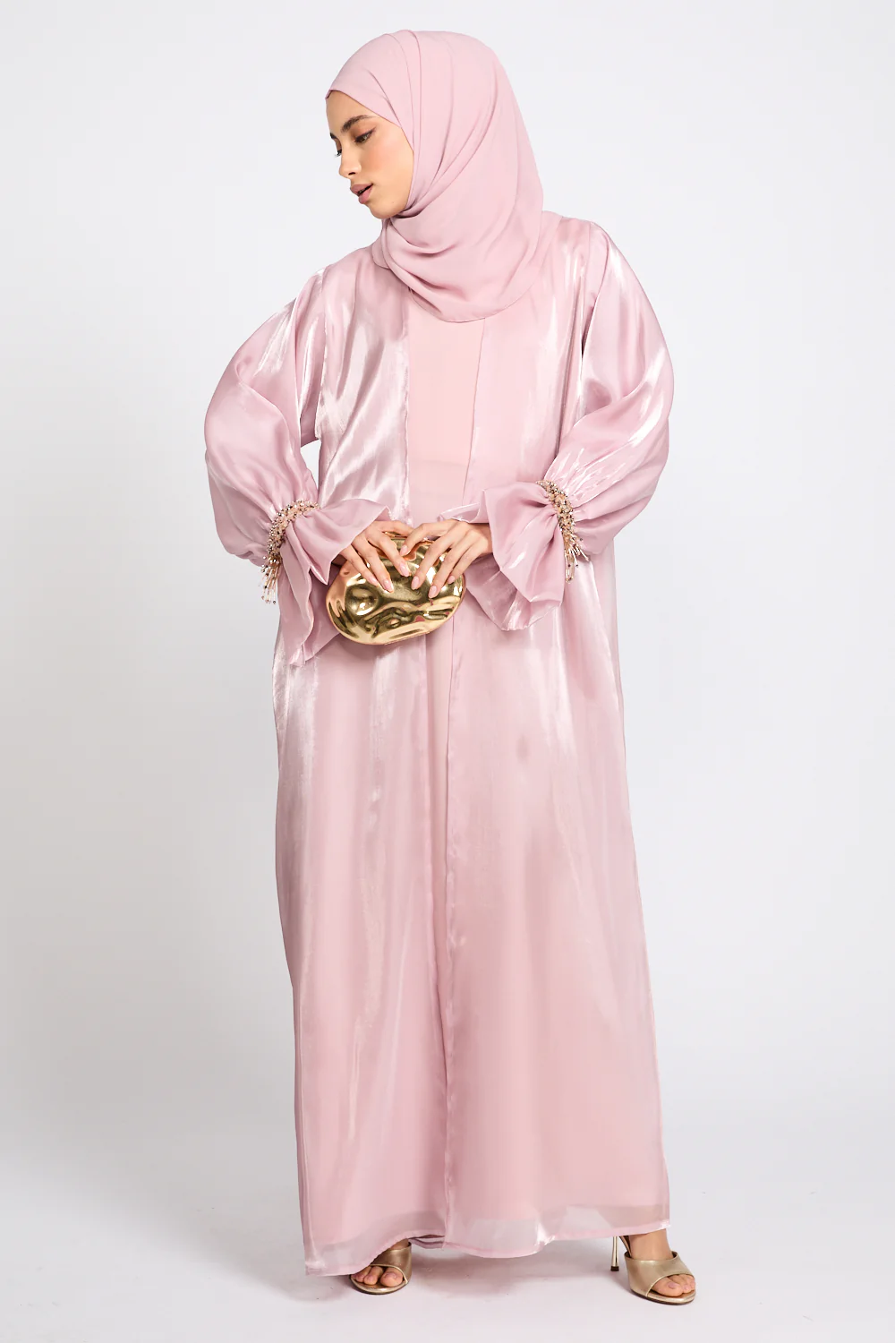 Luxury Three Piece Embellished Cuff Organza Abaya Set - Rose Blush - Image 3