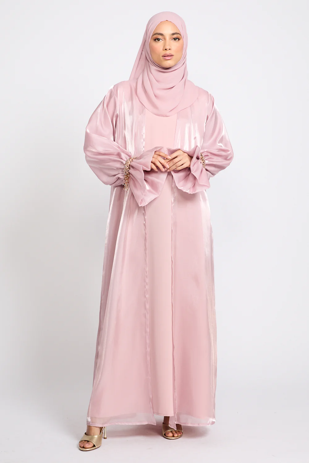 Luxury Three Piece Embellished Cuff Organza Abaya Set - Rose Blush - Image 4