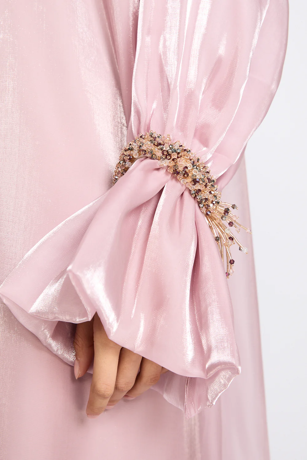 Luxury Three Piece Embellished Cuff Organza Abaya Set - Rose Blush - Image 5