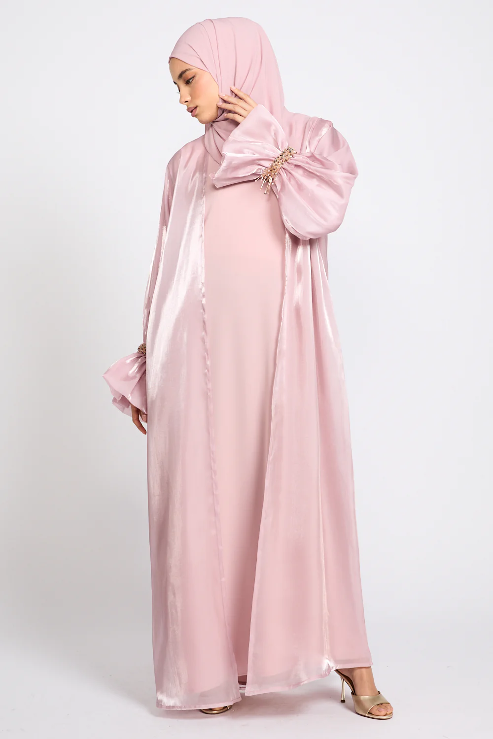 Luxury Three Piece Embellished Cuff Organza Abaya Set - Rose Blush - Image 6