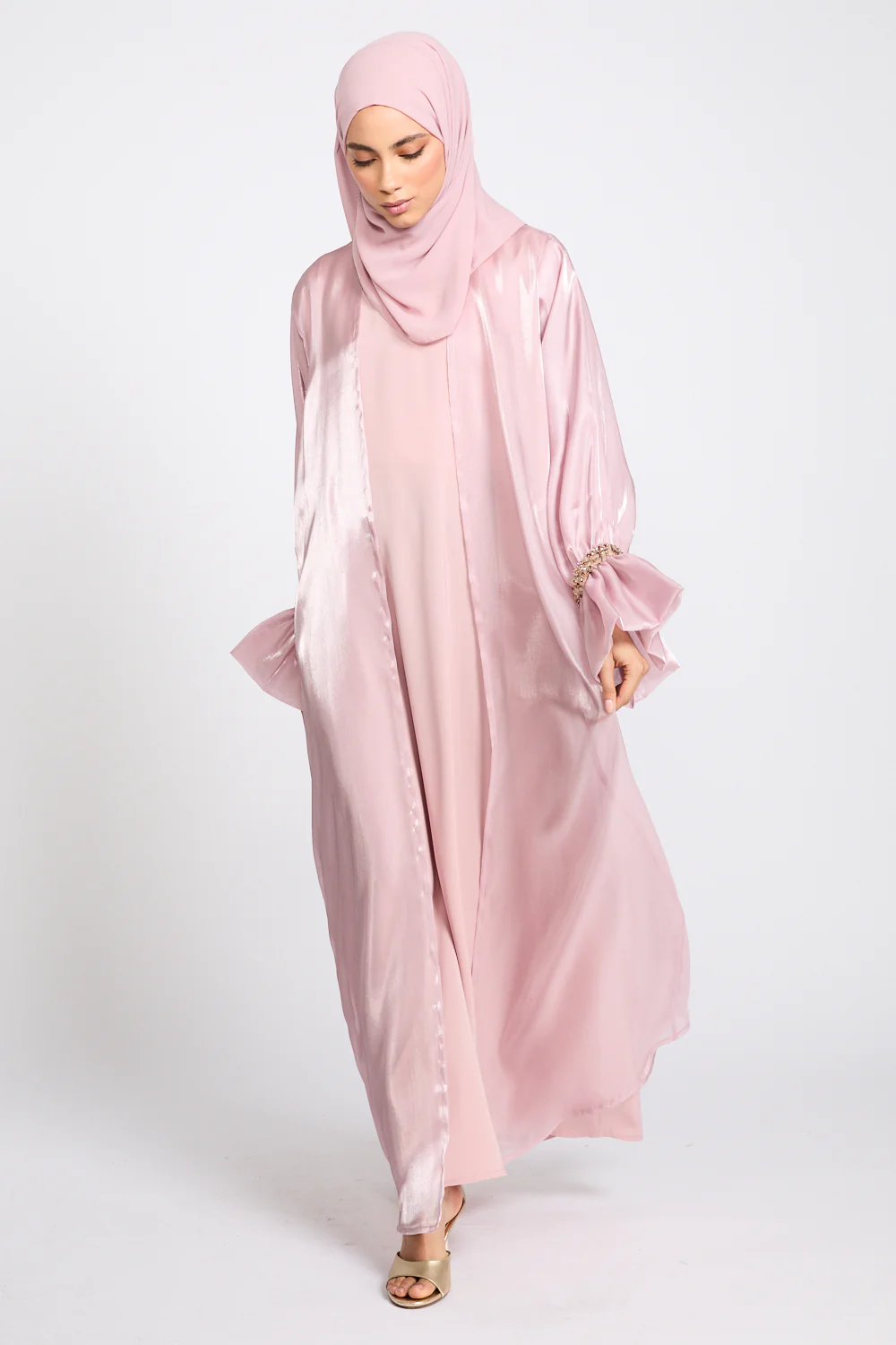 Luxury Three Piece Embellished Cuff Organza Abaya Set - Rose Blush - Image 7