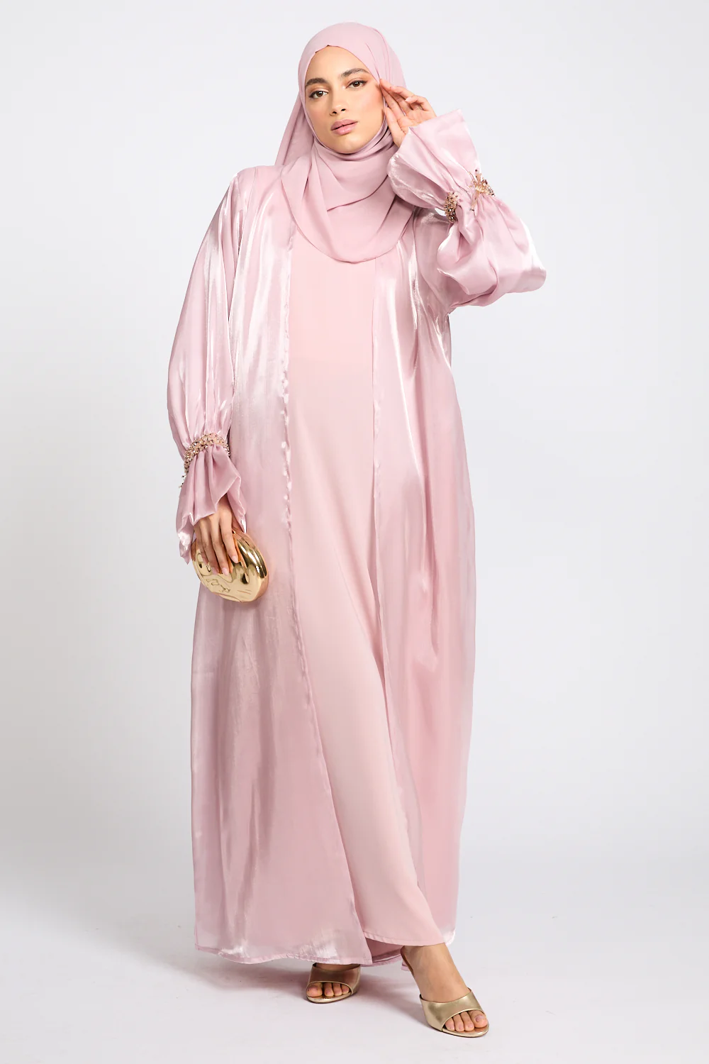 Luxury Three Piece Embellished Cuff Organza Abaya Set - Rose Blush - Image 8