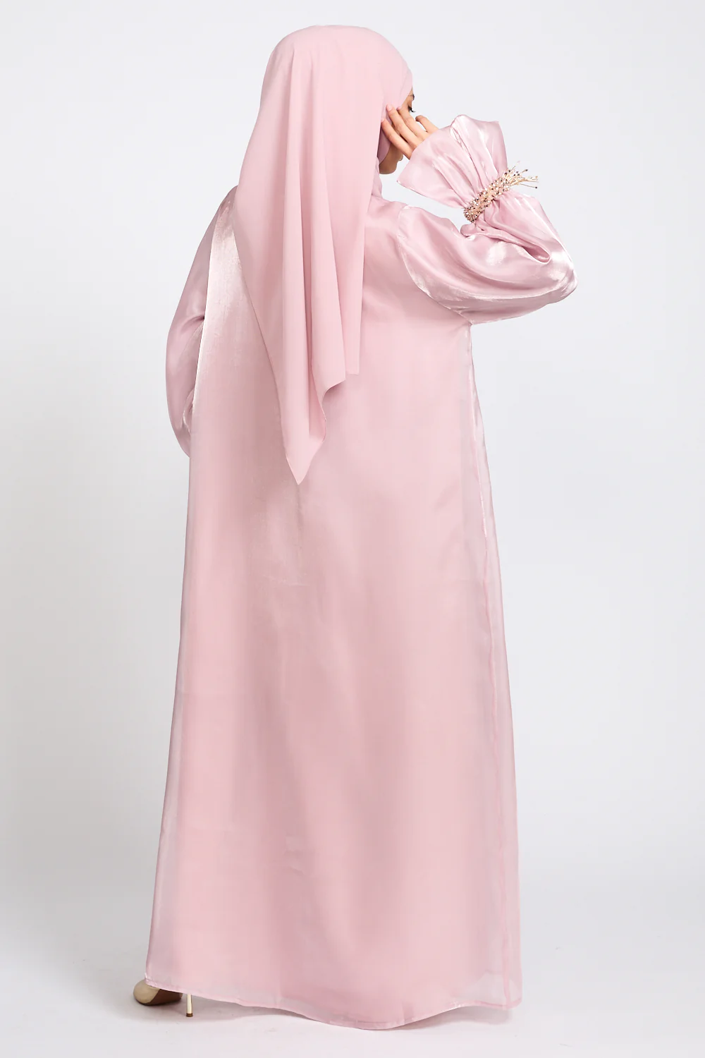Luxury Three Piece Embellished Cuff Organza Abaya Set - Rose Blush - Image 9