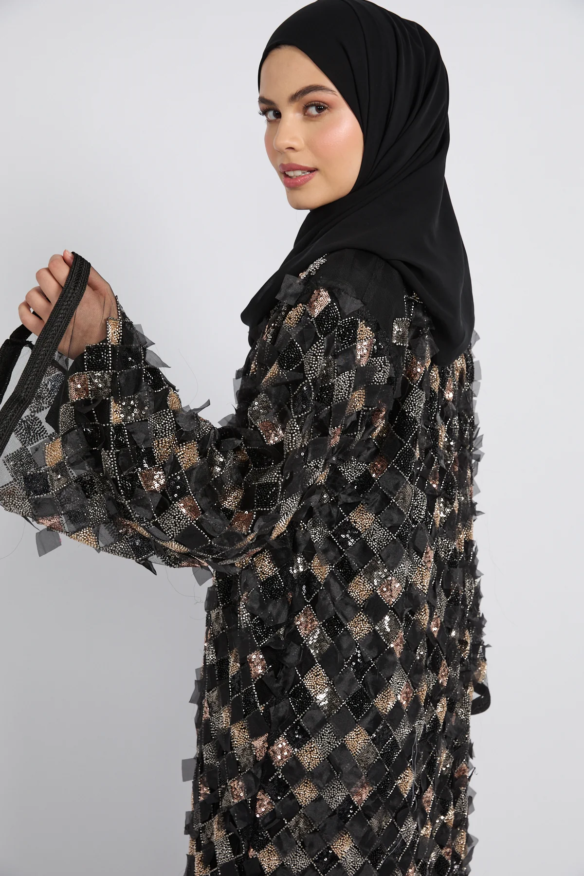 Luxury Three Piece Mosaic Couture Abaya Set - Black - Limited Edition - Image 2