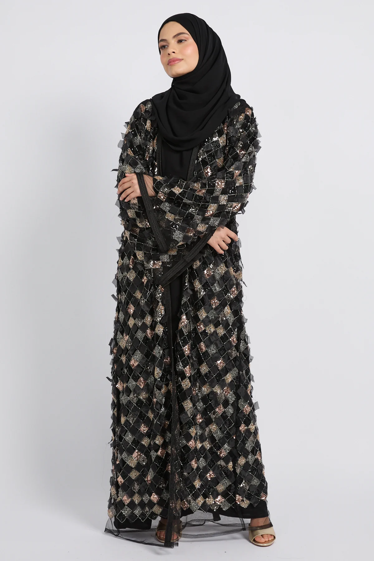 Luxury Three Piece Mosaic Couture Abaya Set - Black - Limited Edition - Image 6