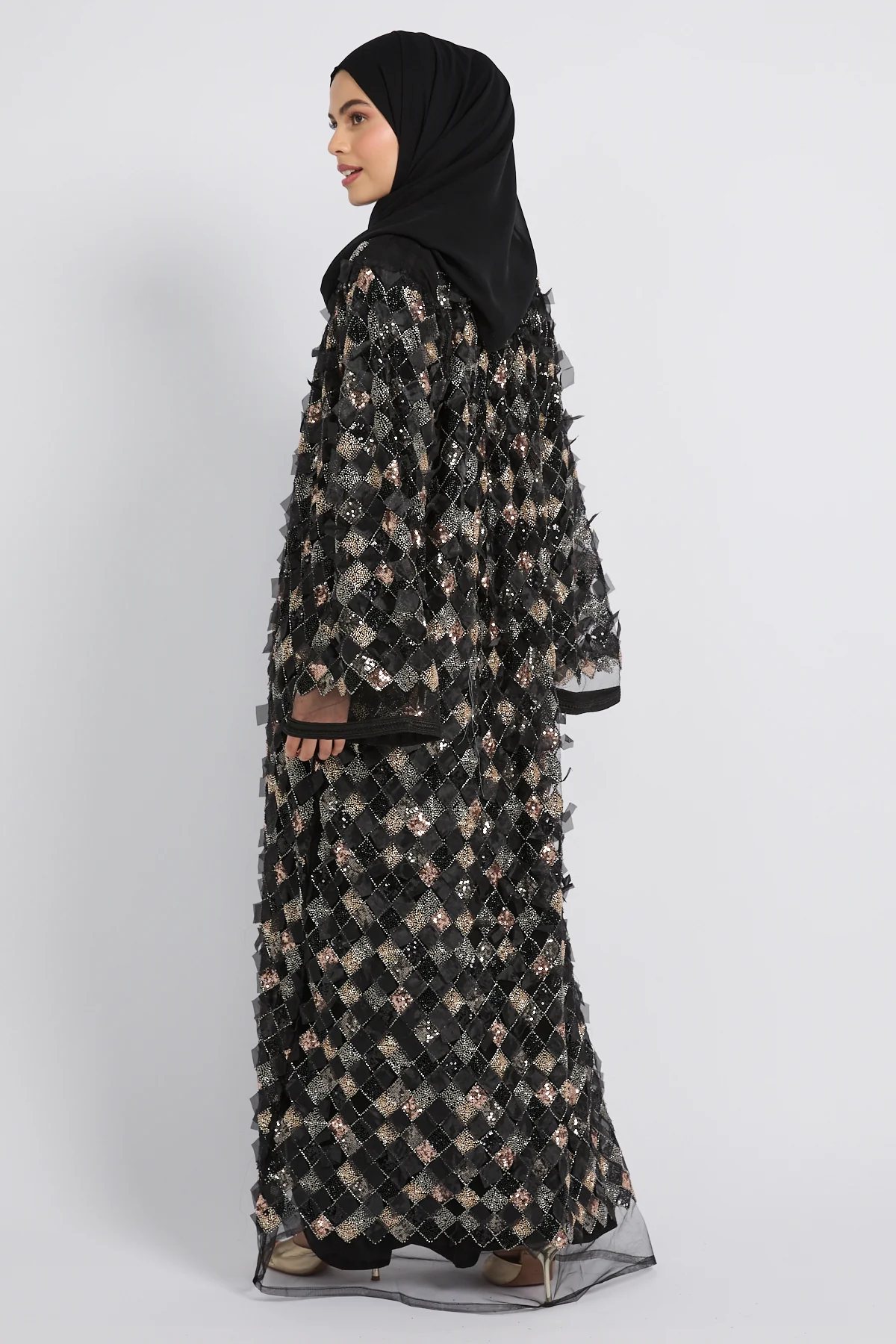 Luxury Three Piece Mosaic Couture Abaya Set - Black - Limited Edition - Image 8