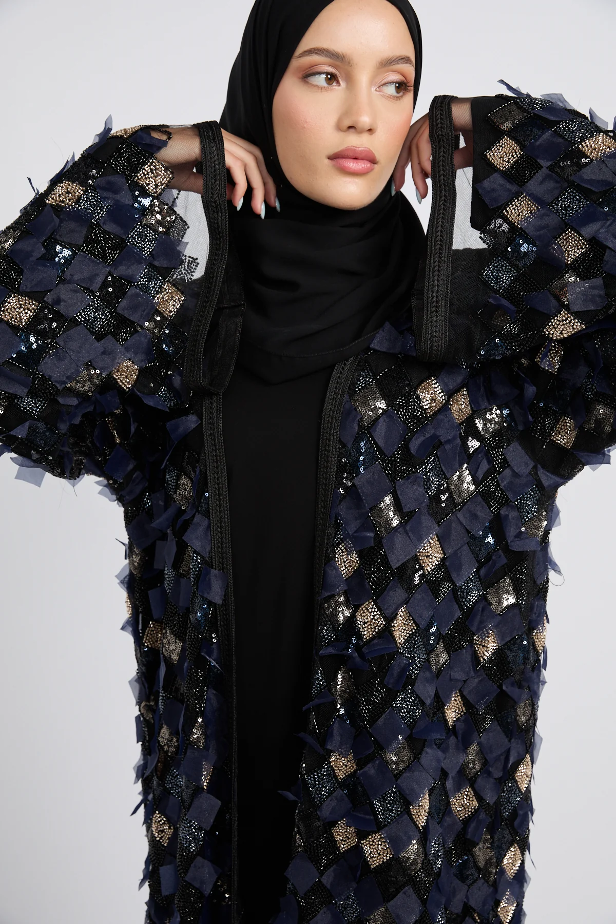 Luxury Three Piece Mosaic Couture Abaya Set - Navy - Limited Edition - Image 2