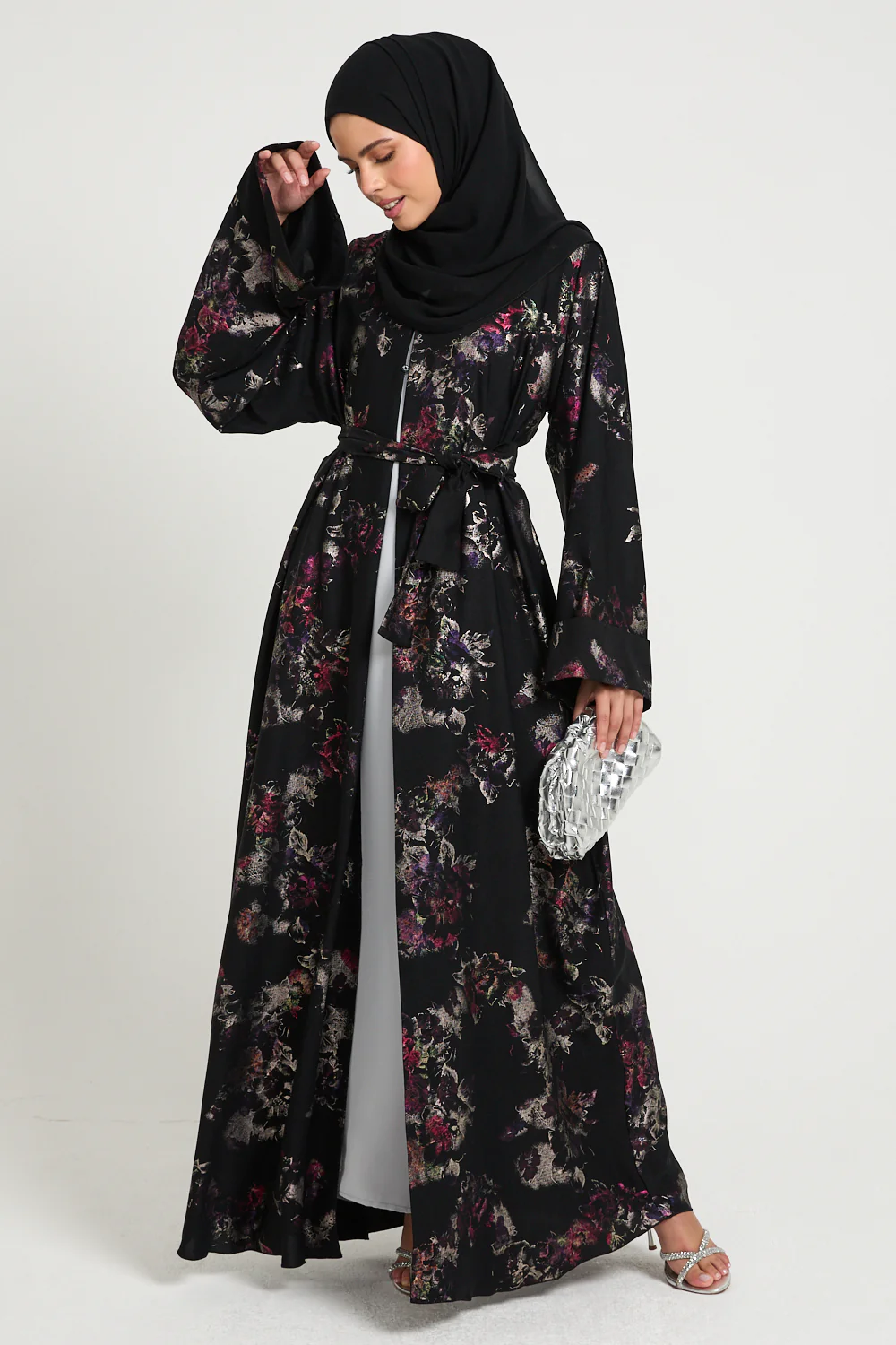 Luxury Twilight Noir Enchanted Blossom Open Abaya - Limited Edition