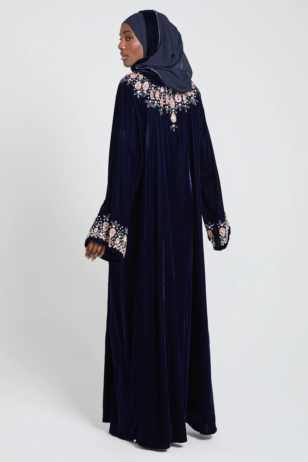Luxury Velvet Closed Abaya with Floral Motif Embellishments - Navy - Image 3