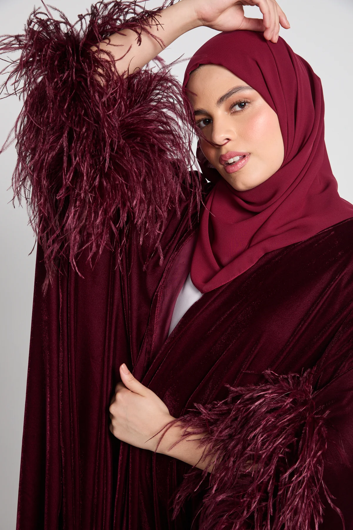 Luxury Velvet Feather Cape - Burgundy - Image 2