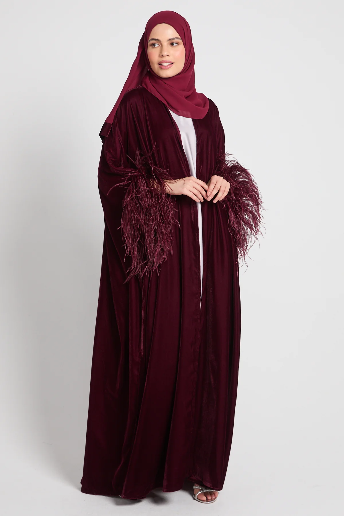 Luxury Velvet Feather Cape - Burgundy - Image 4