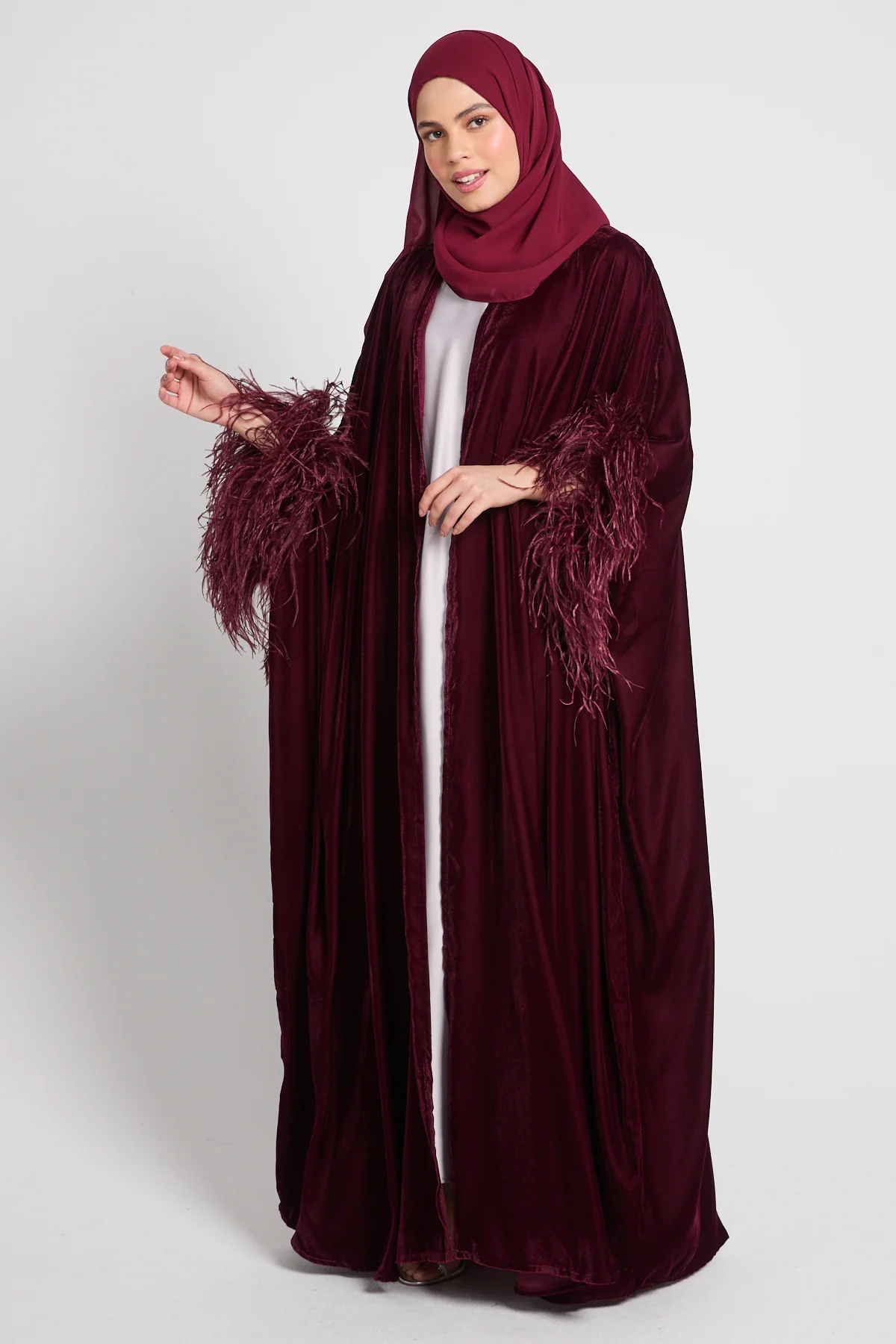 Luxury Velvet Feather Cape - Burgundy - Image 6