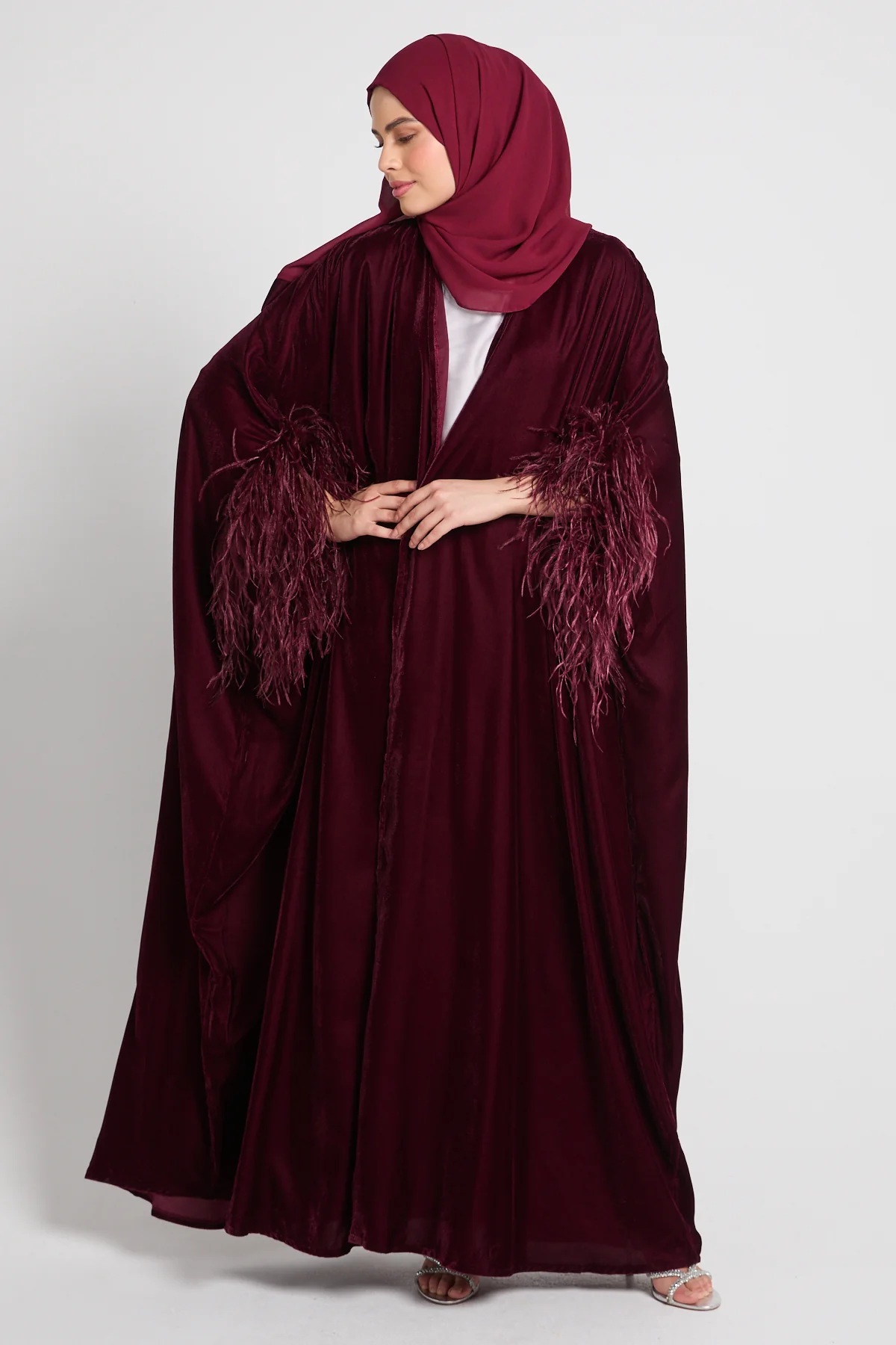Luxury Velvet Feather Cape - Burgundy - Image 7