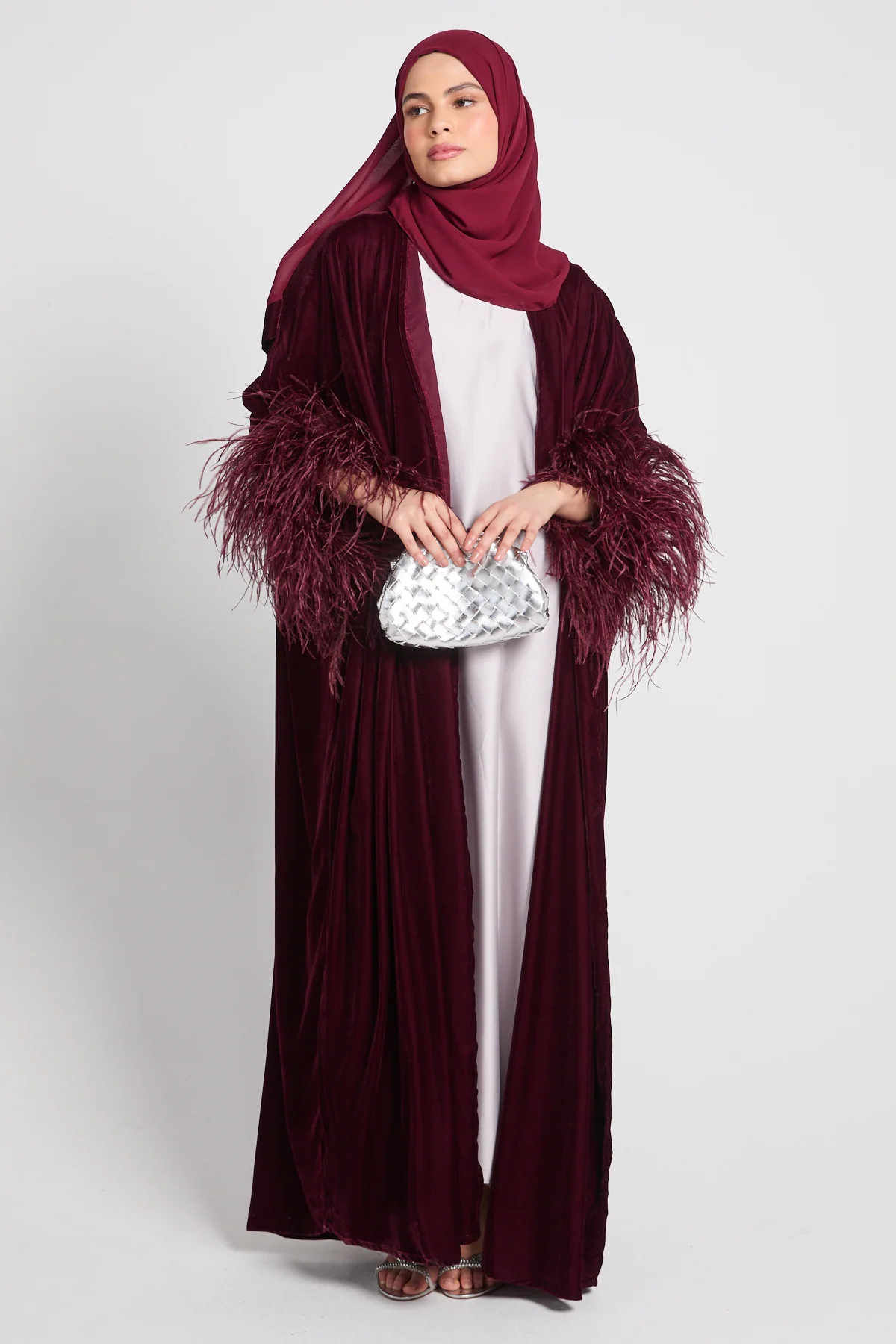 Luxury Velvet Feather Cape - Burgundy - Image 8