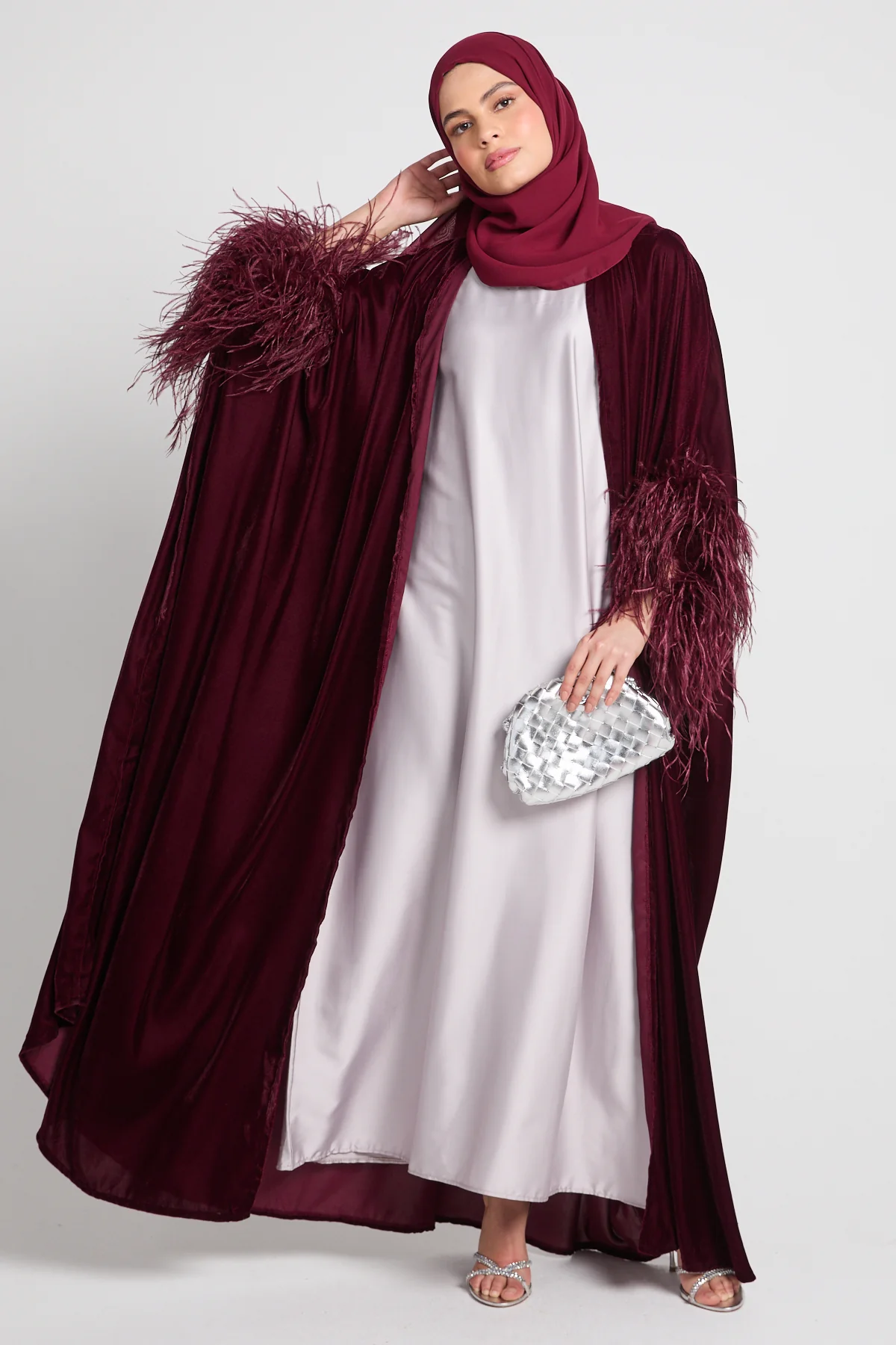 Luxury Velvet Feather Cape - Burgundy - Image 9