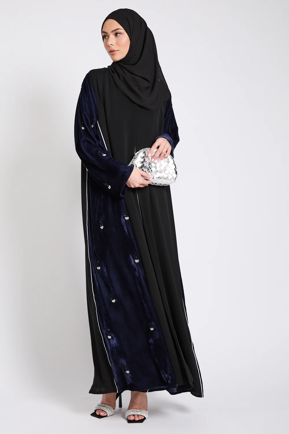 Luxury Velvet Majesty Embellished Open Abaya - Navy - Image 10