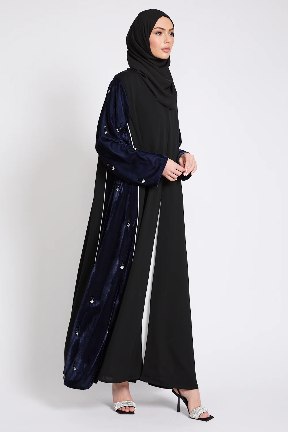 Luxury Velvet Majesty Embellished Open Abaya - Navy - Image 11