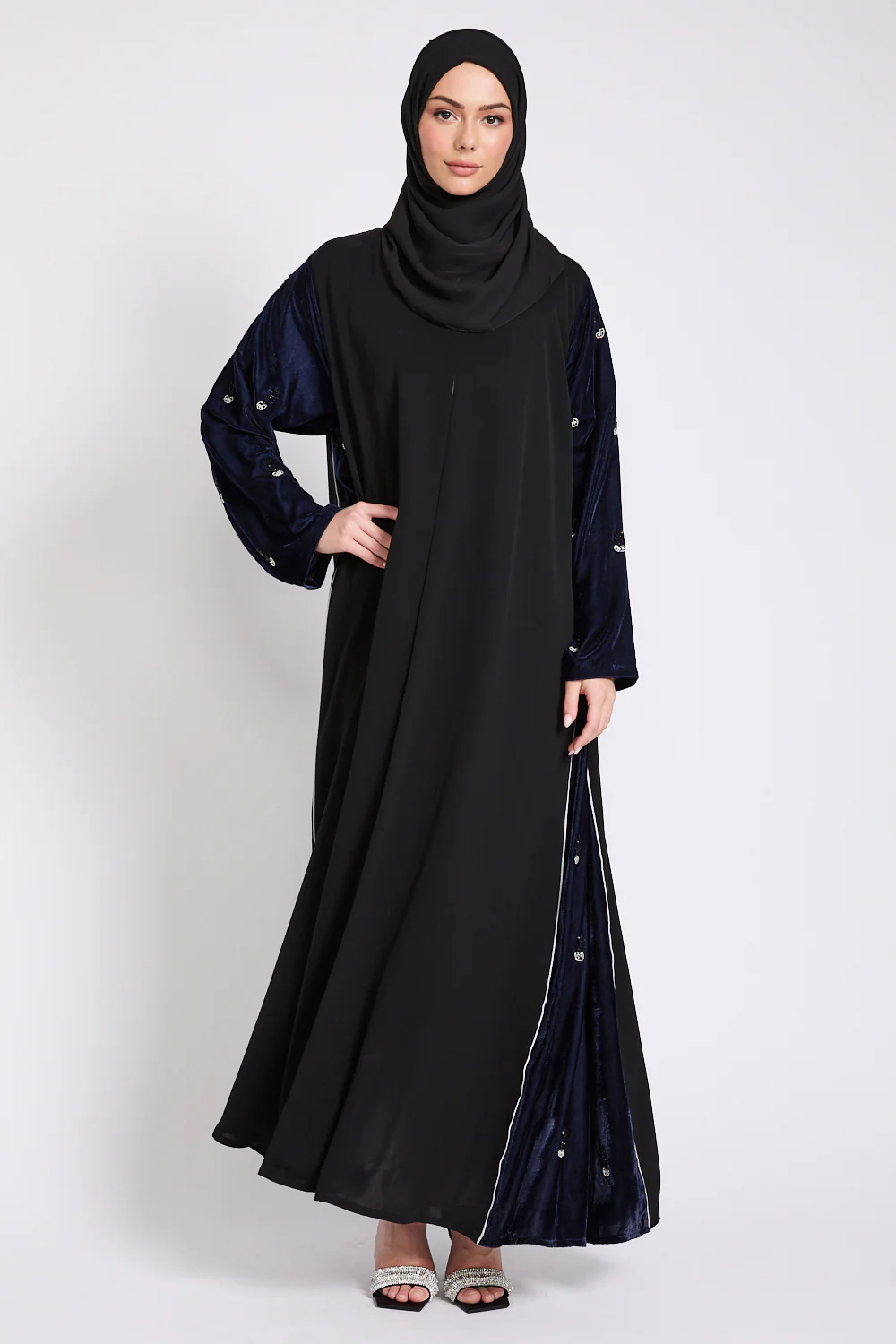 Luxury Velvet Majesty Embellished Open Abaya - Navy - Image 13