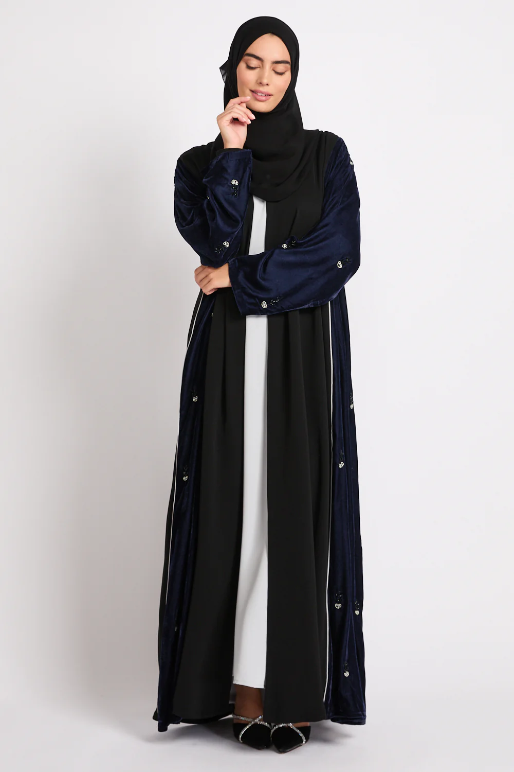 Luxury Velvet Majesty Embellished Open Abaya - Navy - Image 14