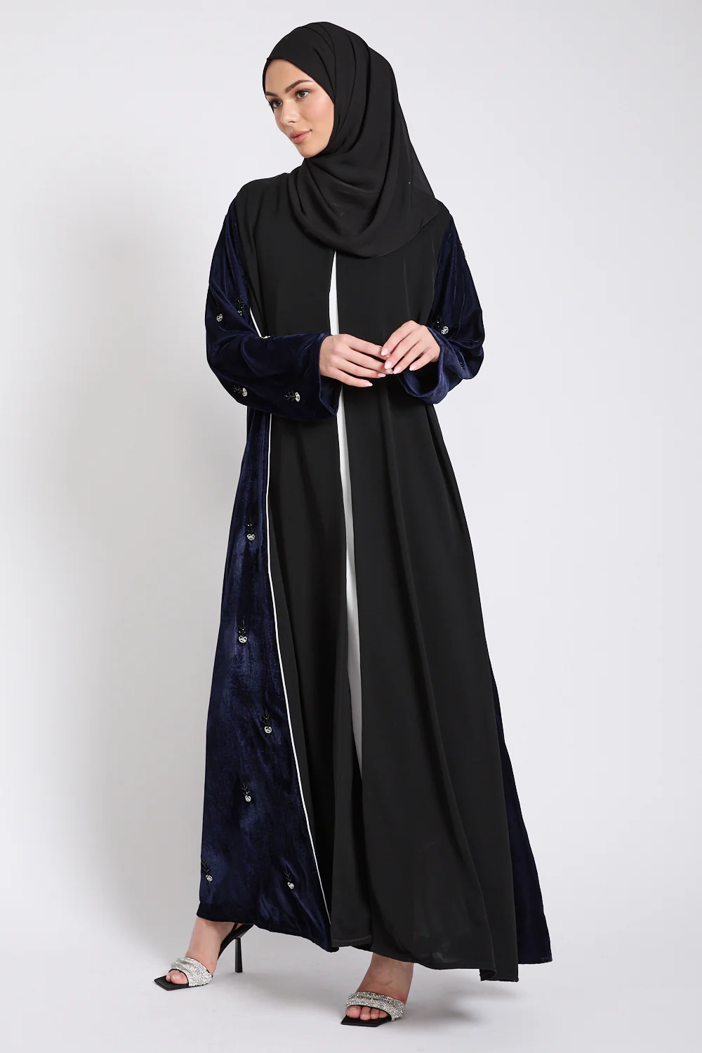 Luxury Velvet Majesty Embellished Open Abaya - Navy - Image 6