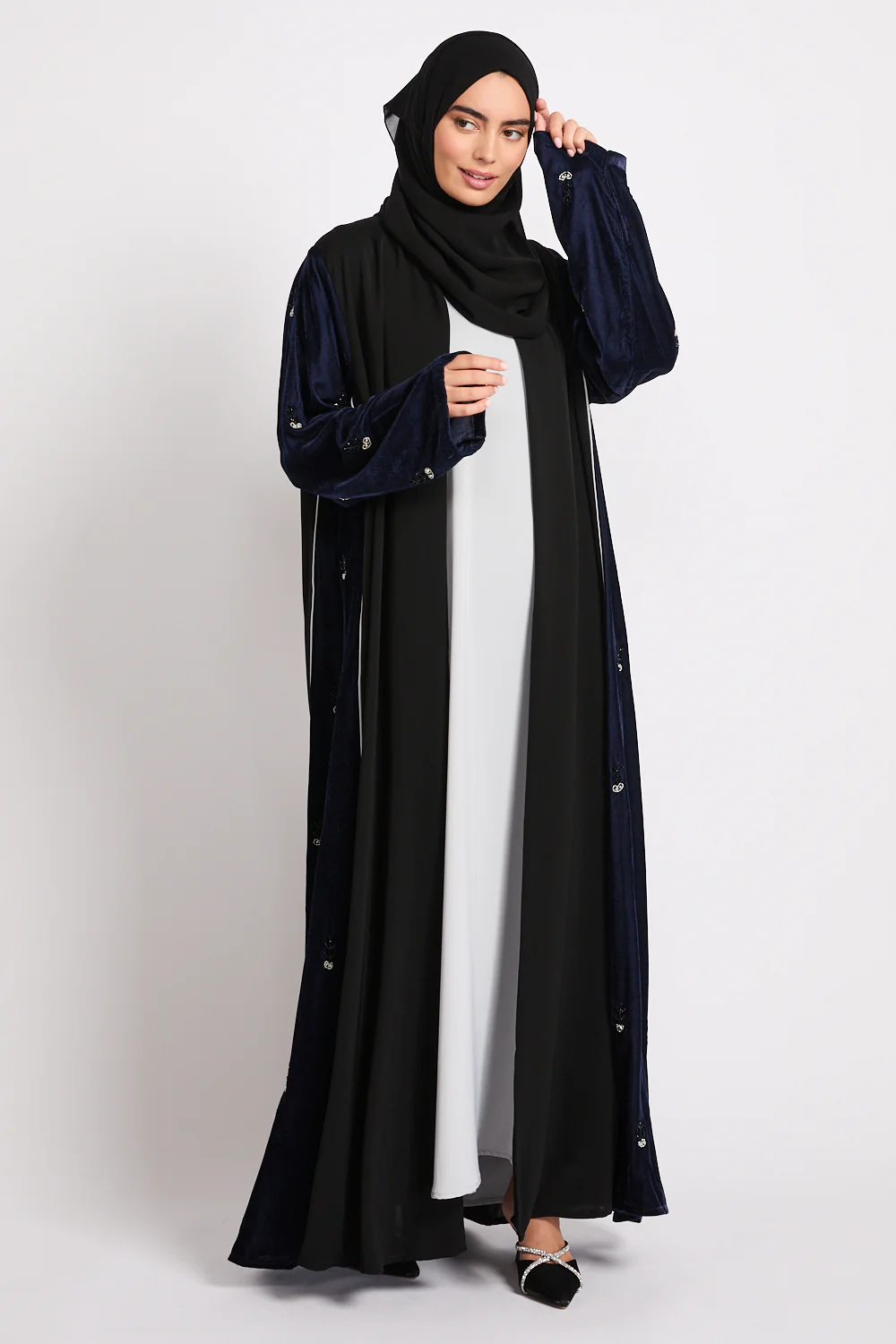Luxury Velvet Majesty Embellished Open Abaya - Navy - Image 9