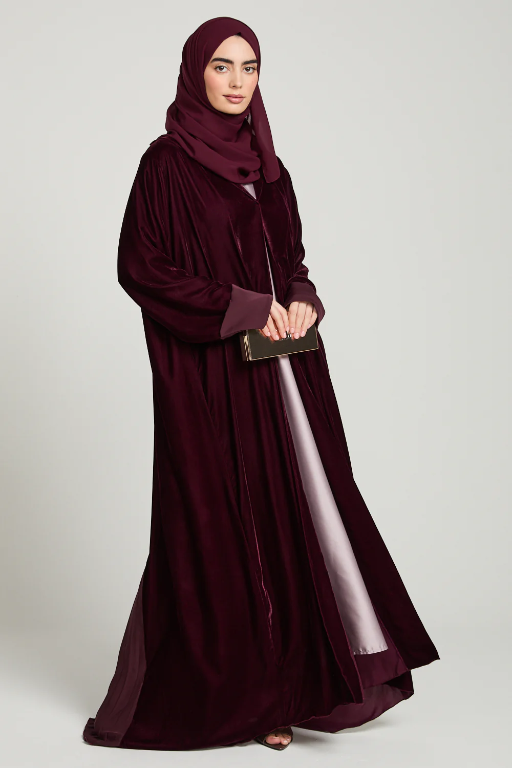 Luxury Velvet Open Abaya with Pleated Back Detailing - Rich Maroon - Image 3