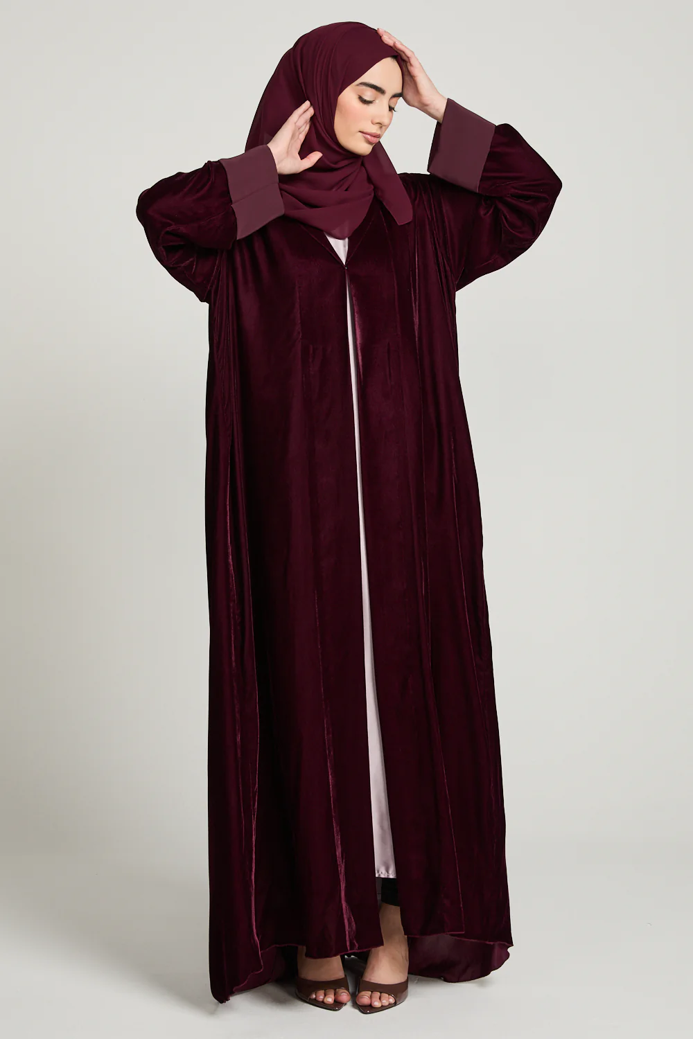 Luxury Velvet Open Abaya with Pleated Back Detailing - Rich Maroon - Image 4