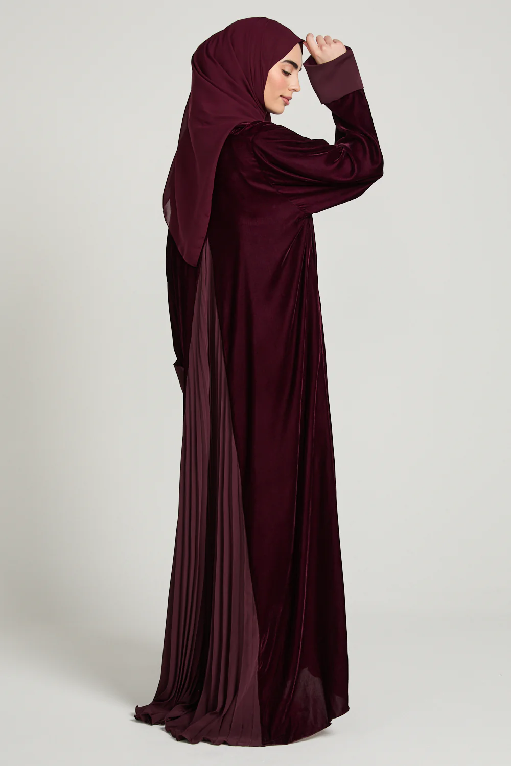 Luxury Velvet Open Abaya with Pleated Back Detailing - Rich Maroon - Image 5
