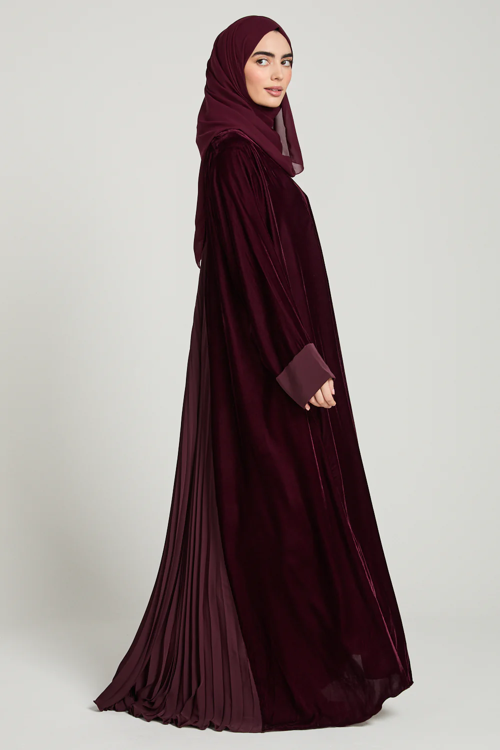 Luxury Velvet Open Abaya with Pleated Back Detailing - Rich Maroon - Image 6