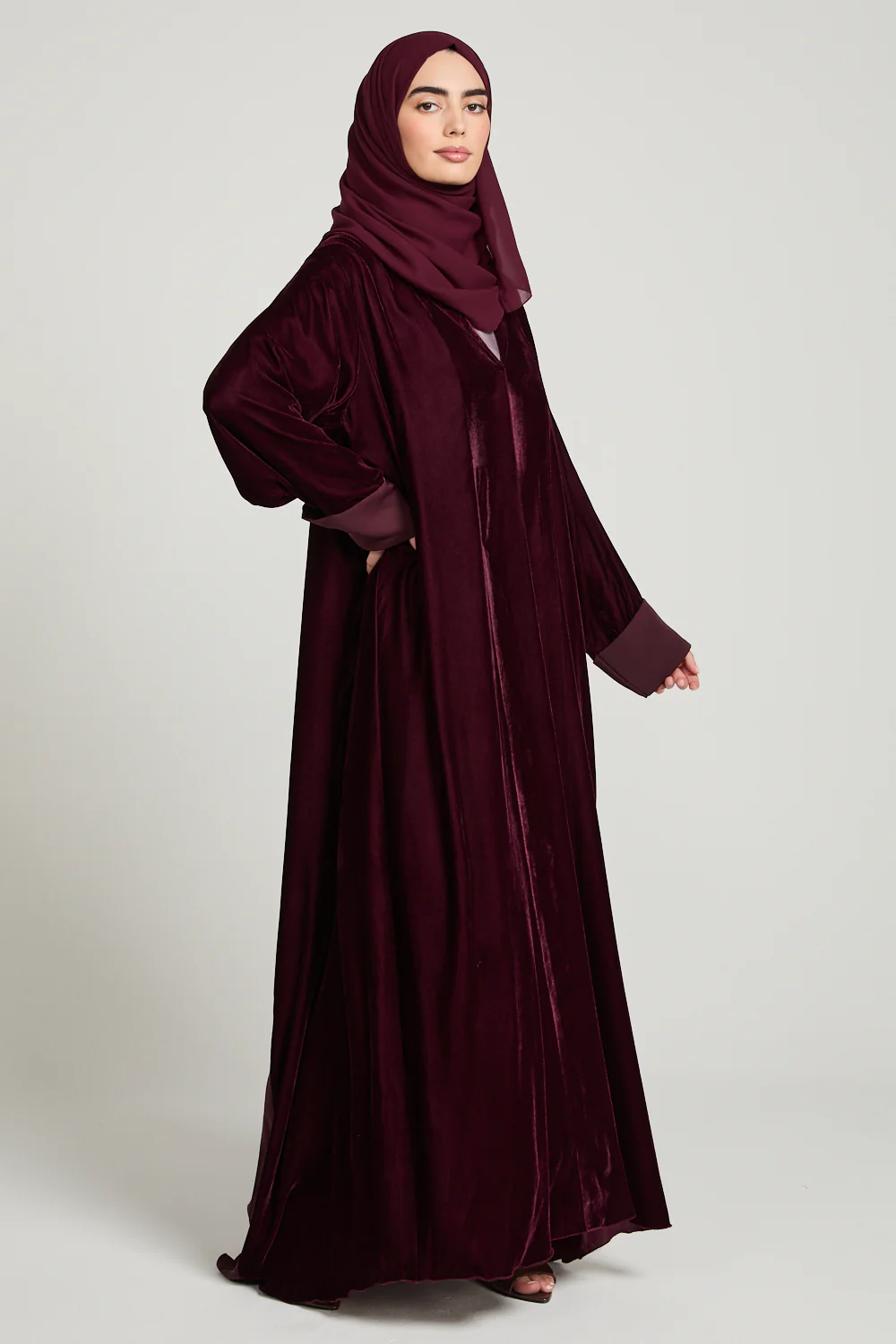 Luxury Velvet Open Abaya with Pleated Back Detailing - Rich Maroon - Image 7