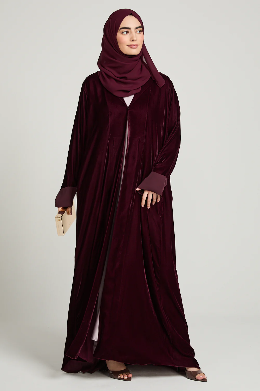 Luxury Velvet Open Abaya with Pleated Back Detailing - Rich Maroon - Image 8
