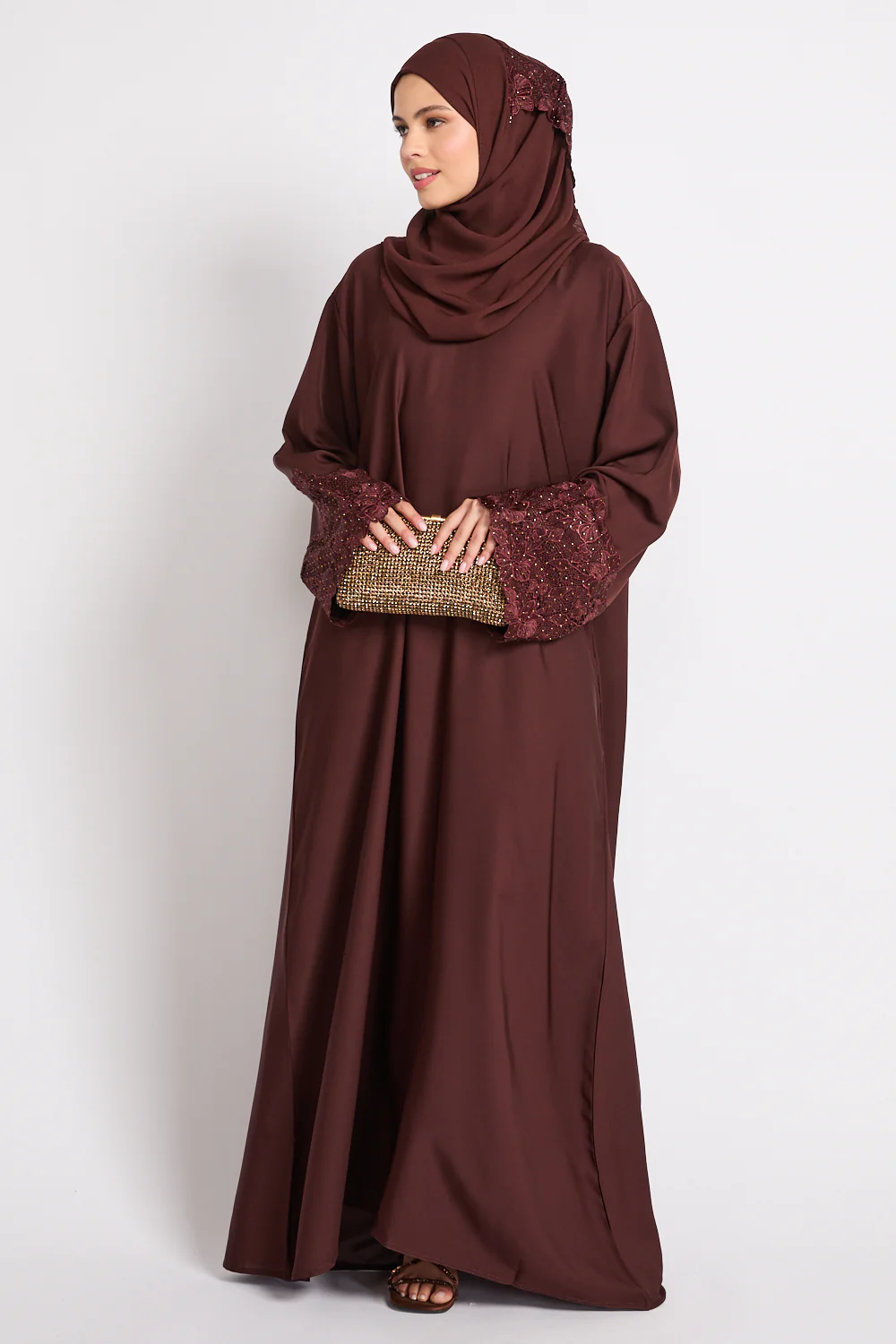 Mahogany Brown Closed Abaya with Embellished Floral Cuffs
