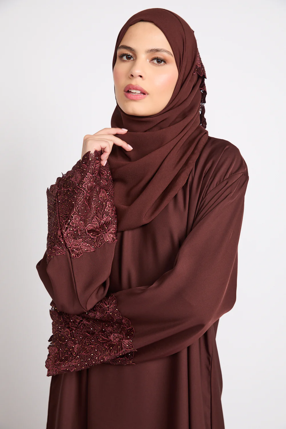Mahogany Brown Closed Abaya with Embellished Floral Cuffs - Image 2