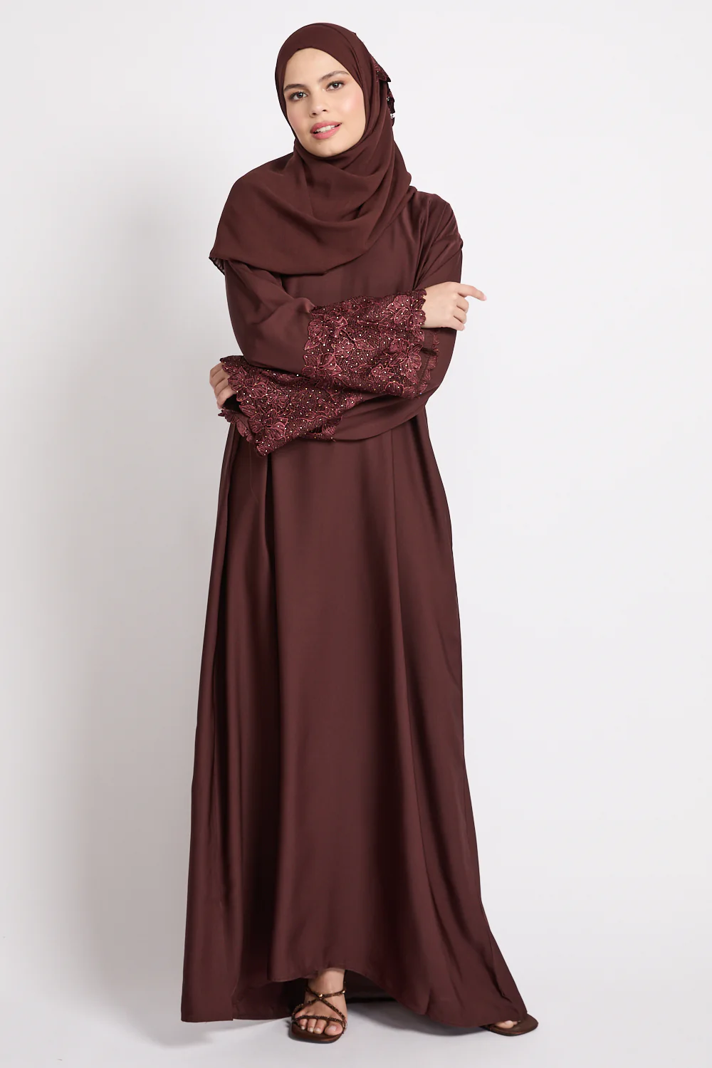 Mahogany Brown Closed Abaya with Embellished Floral Cuffs - Image 3
