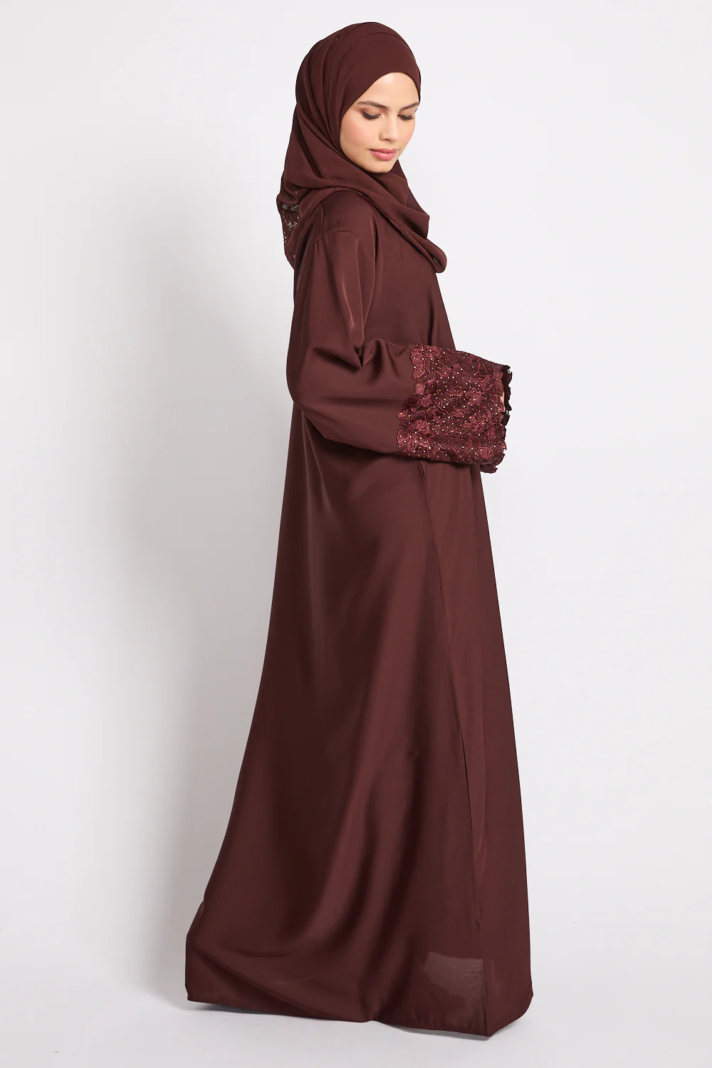Mahogany Brown Closed Abaya with Embellished Floral Cuffs - Image 4