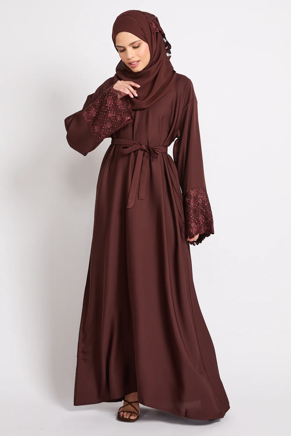 Mahogany Brown Closed Abaya with Embellished Floral Cuffs - Image 5