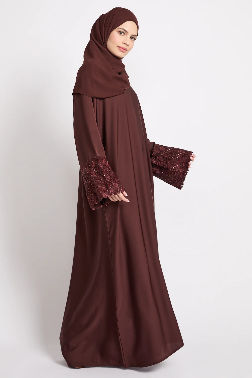 Mahogany Brown Closed Abaya with Embellished Floral Cuffs - Image 6