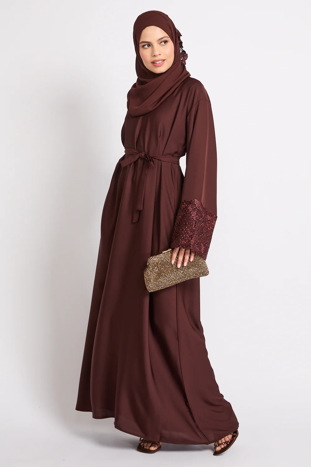 Mahogany Brown Closed Abaya with Embellished Floral Cuffs - Image 7