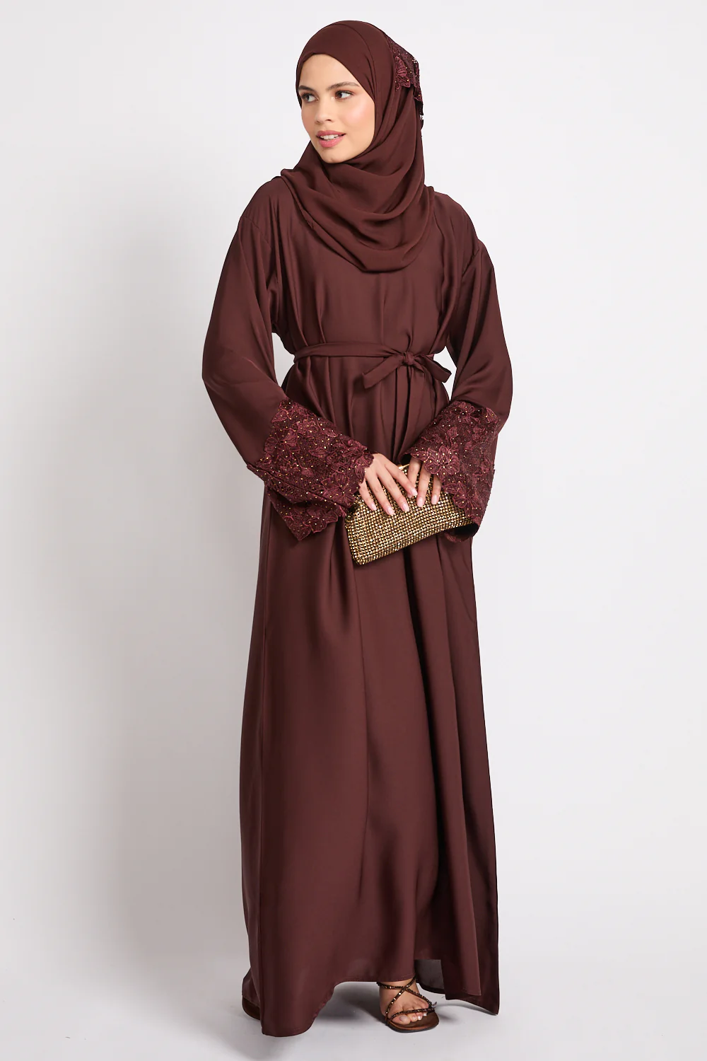 Mahogany Brown Closed Abaya with Embellished Floral Cuffs - Image 8