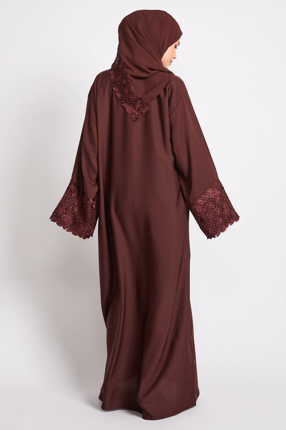 Mahogany Brown Closed Abaya with Embellished Floral Cuffs - Image 9