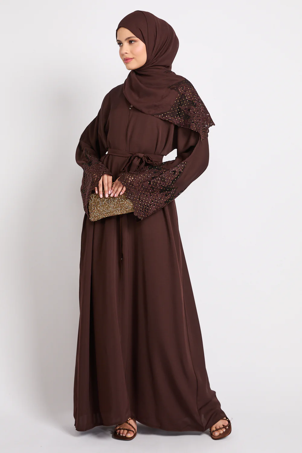 Mahogany Rouge Open Abaya with Embellished Cuffs