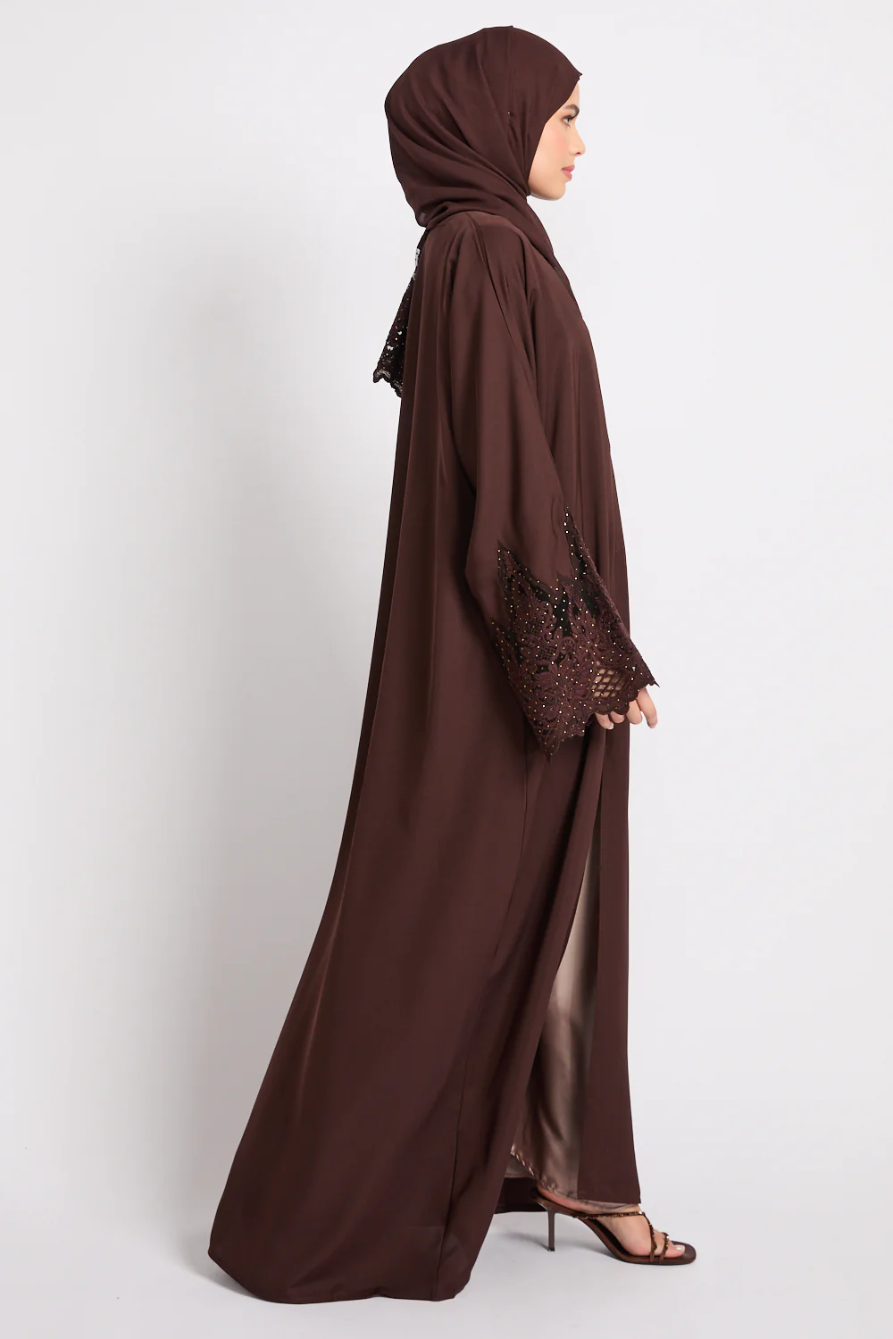 Mahogany Rouge Open Abaya with Embellished Cuffs - Image 10