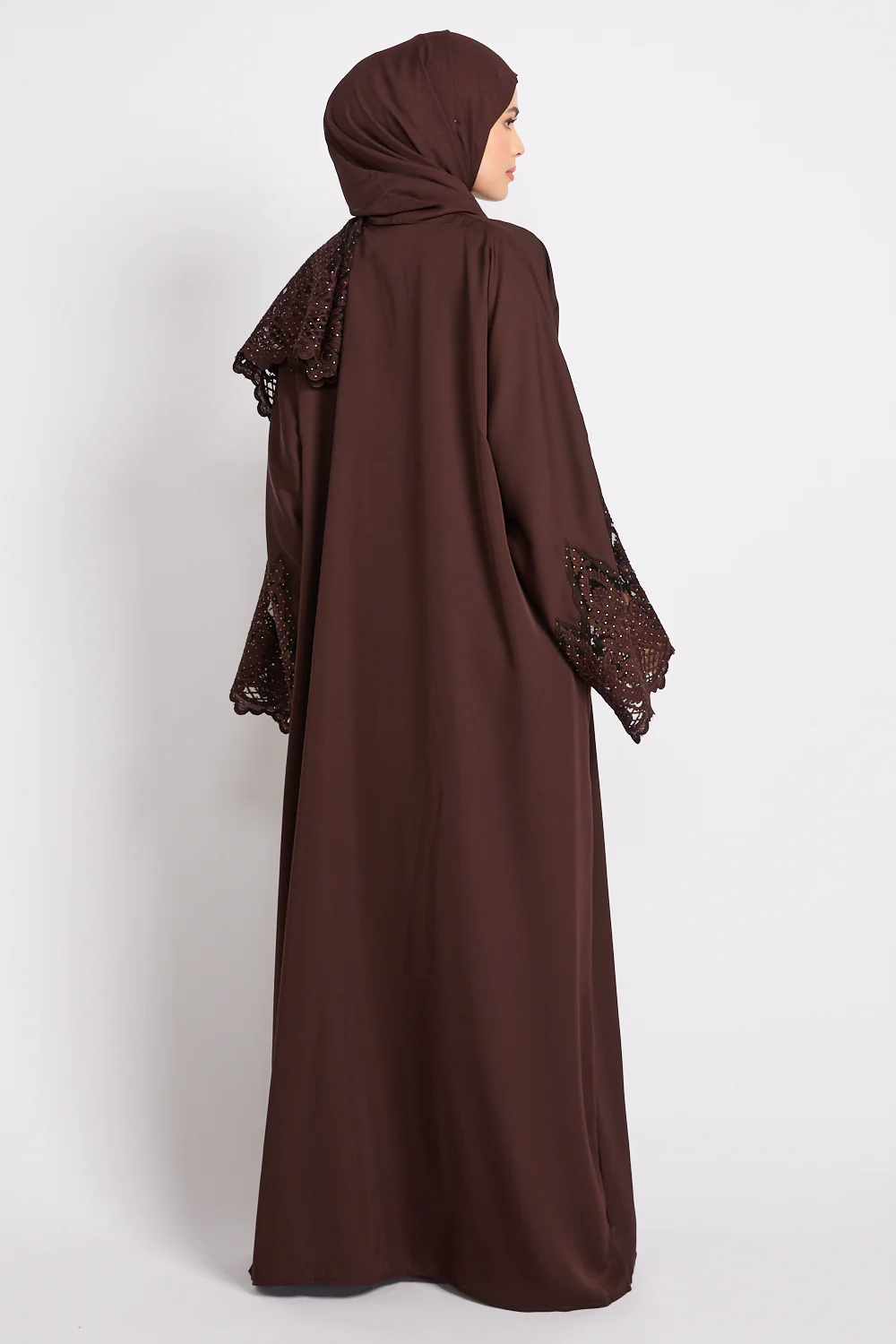 Mahogany Rouge Open Abaya with Embellished Cuffs - Image 3