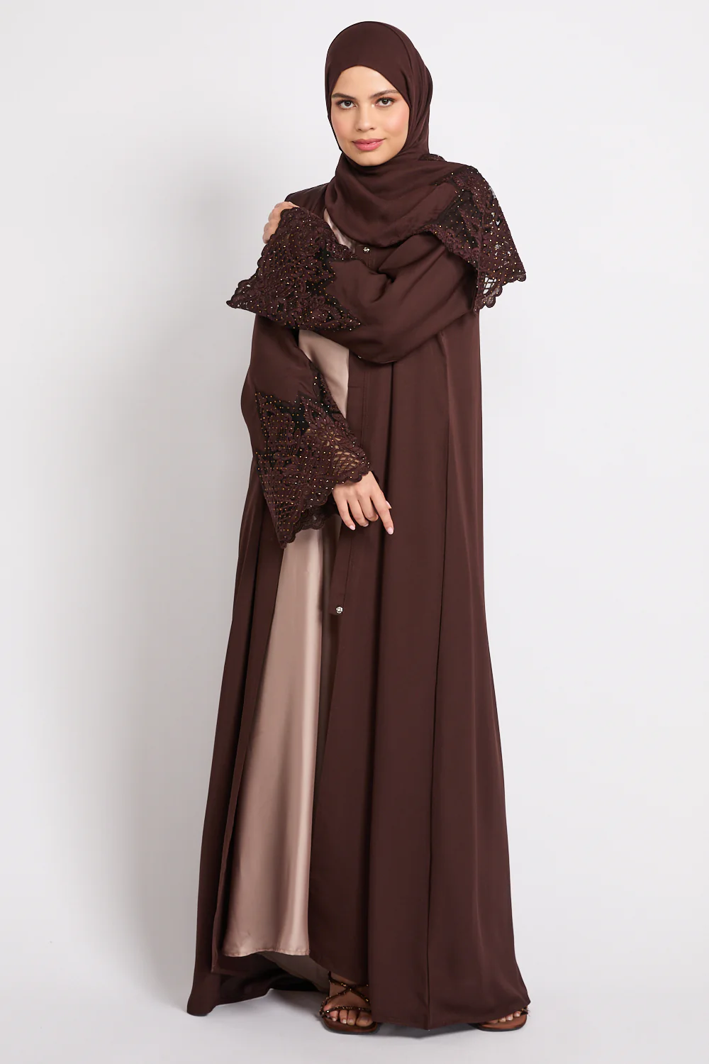 Mahogany Rouge Open Abaya with Embellished Cuffs - Image 4