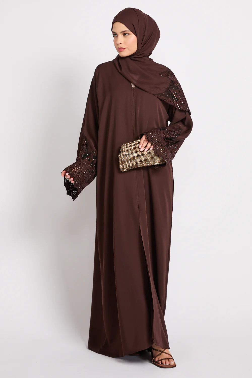 Mahogany Rouge Open Abaya with Embellished Cuffs - Image 5