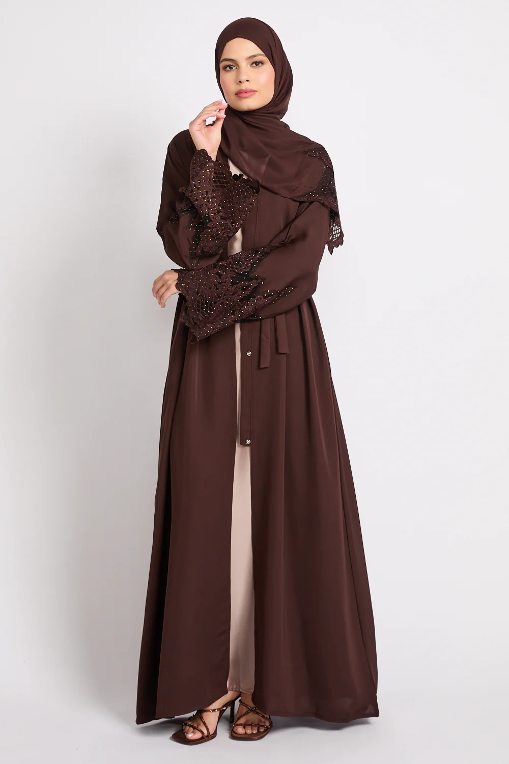 Mahogany Rouge Open Abaya with Embellished Cuffs - Image 6