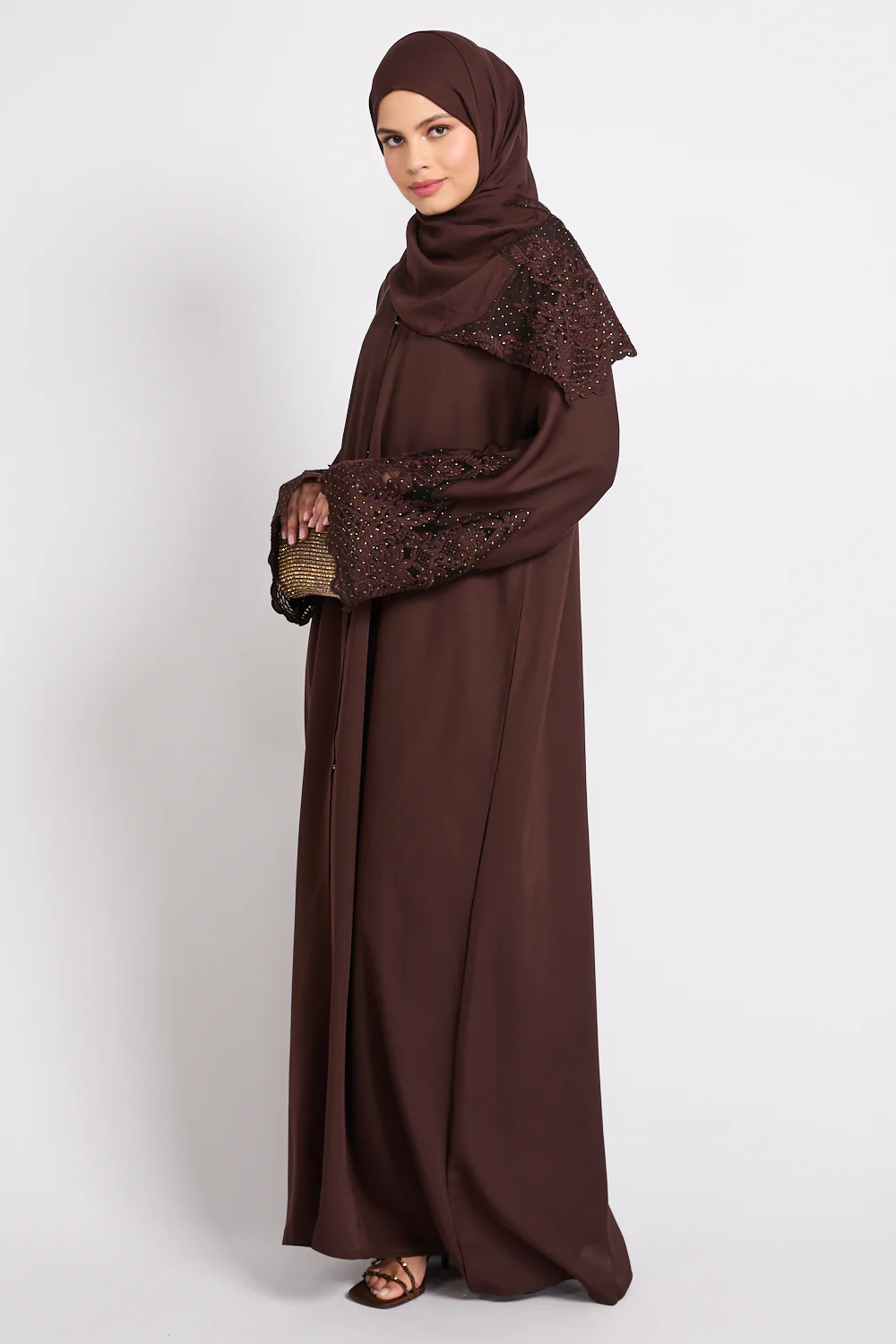 Mahogany Rouge Open Abaya with Embellished Cuffs - Image 7